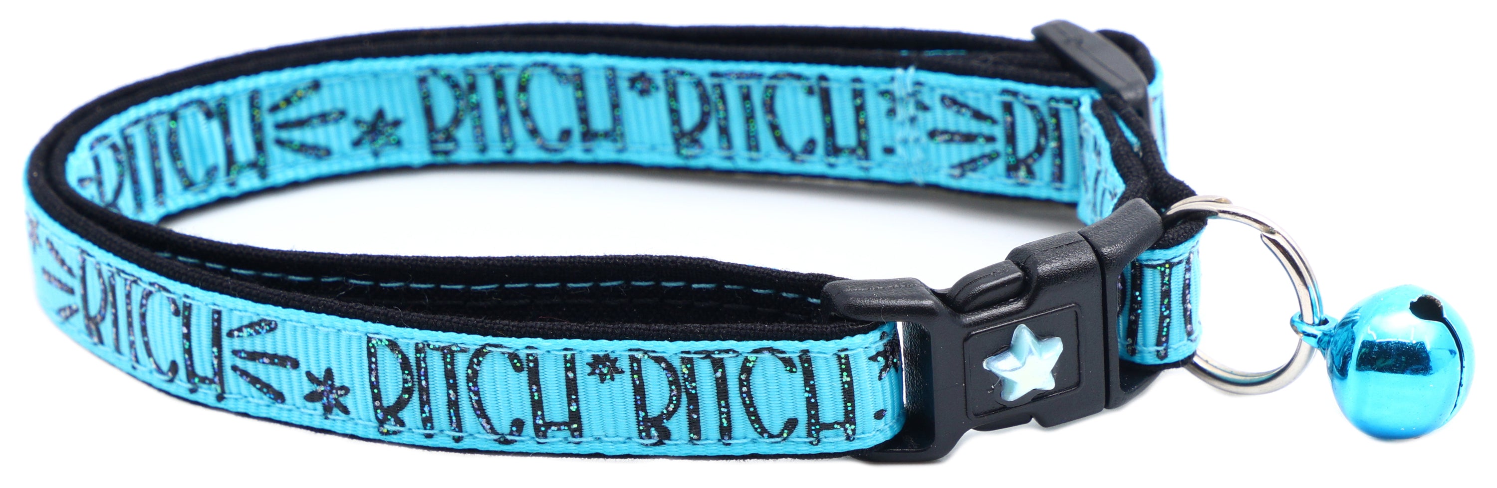 Bitch 2 Breakaway Cat Collar in reinforced cotton with breakaway clips and removable bell, available in various sizes.